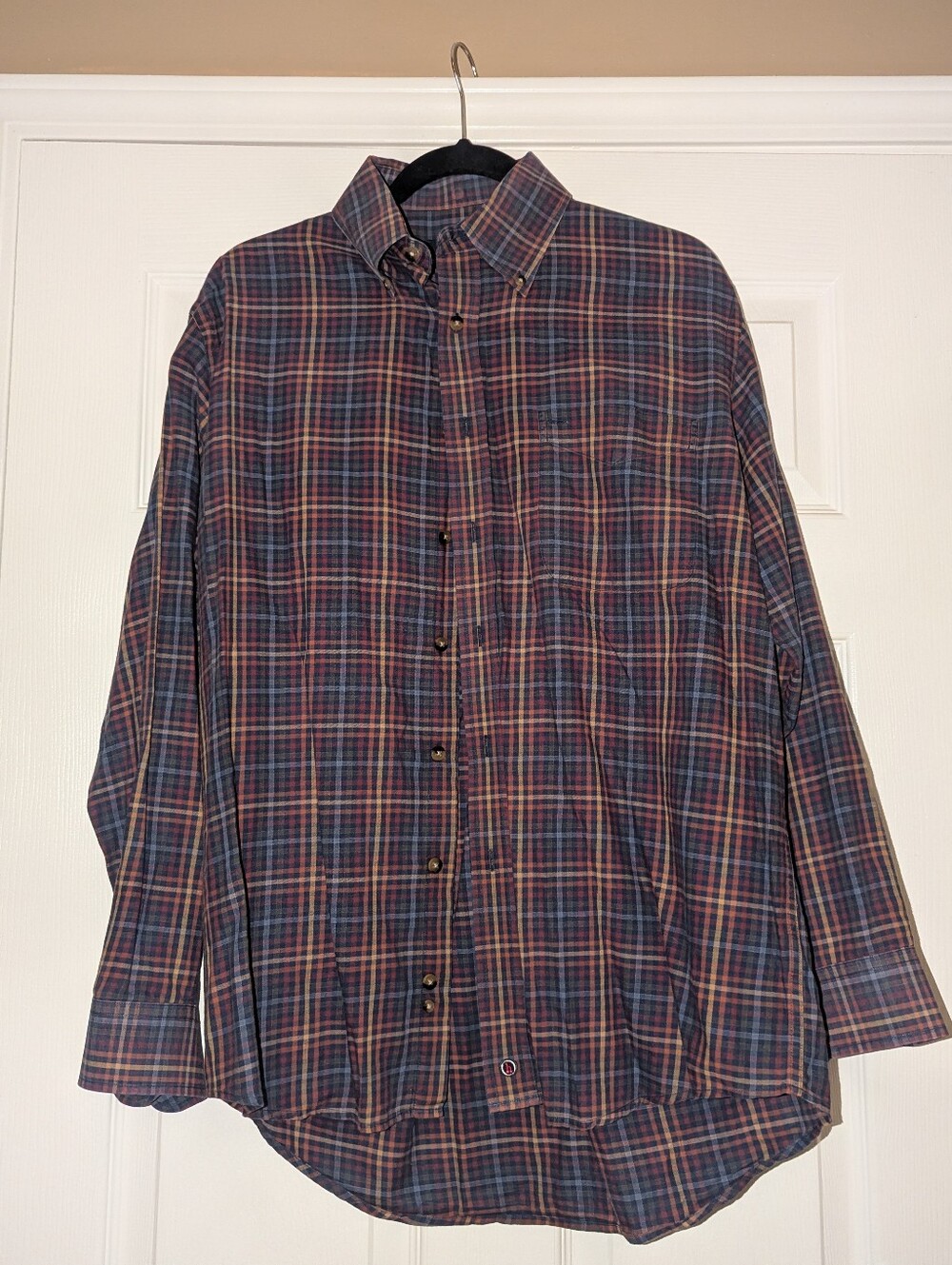 Oliver Harris Men's Long Sleeve Plaid Button-Up Shirt in Navy and Burgundy